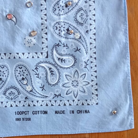 Sky Blue Vintage Cotton Bandana with Silvertone Studs - Picture 1 of 3